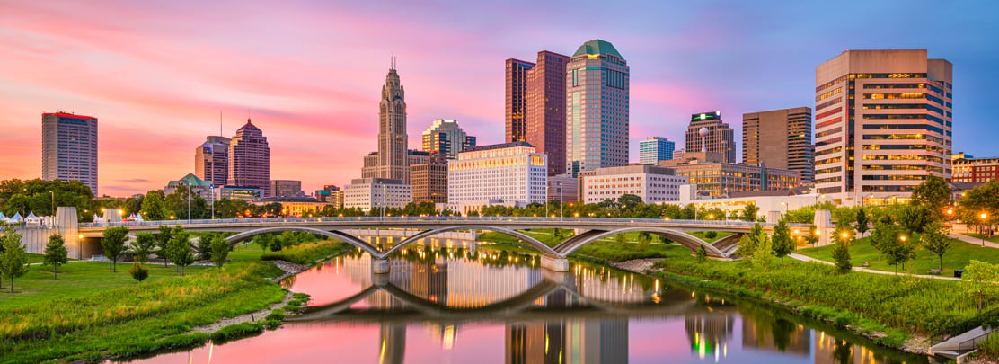 downtown columbus skyline at dusk