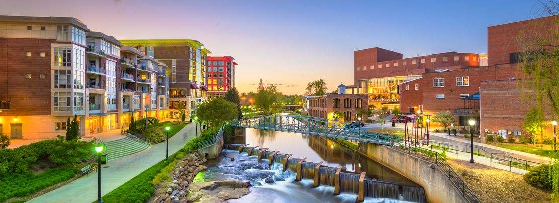 downtown greenville skyline at dusk