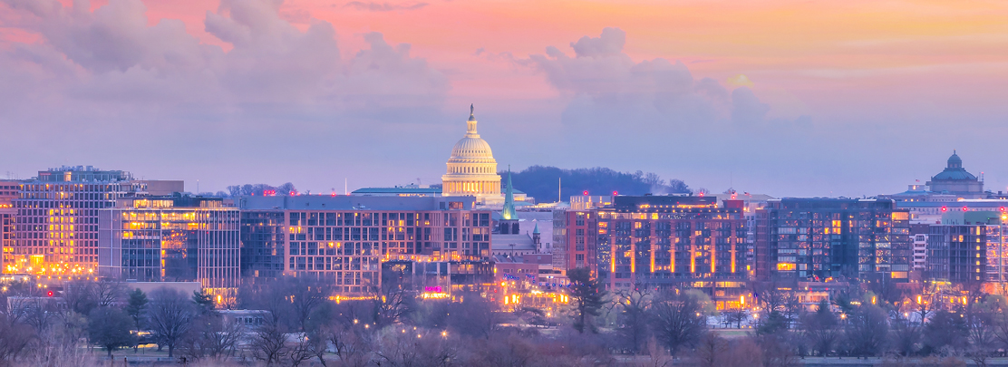 downtown washington dc skyline at dusk