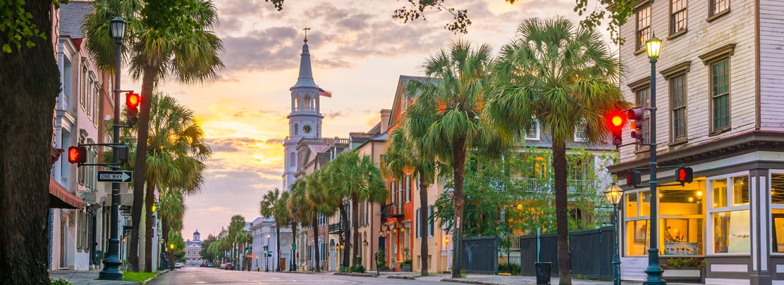 downtown charleston skyline at dusk